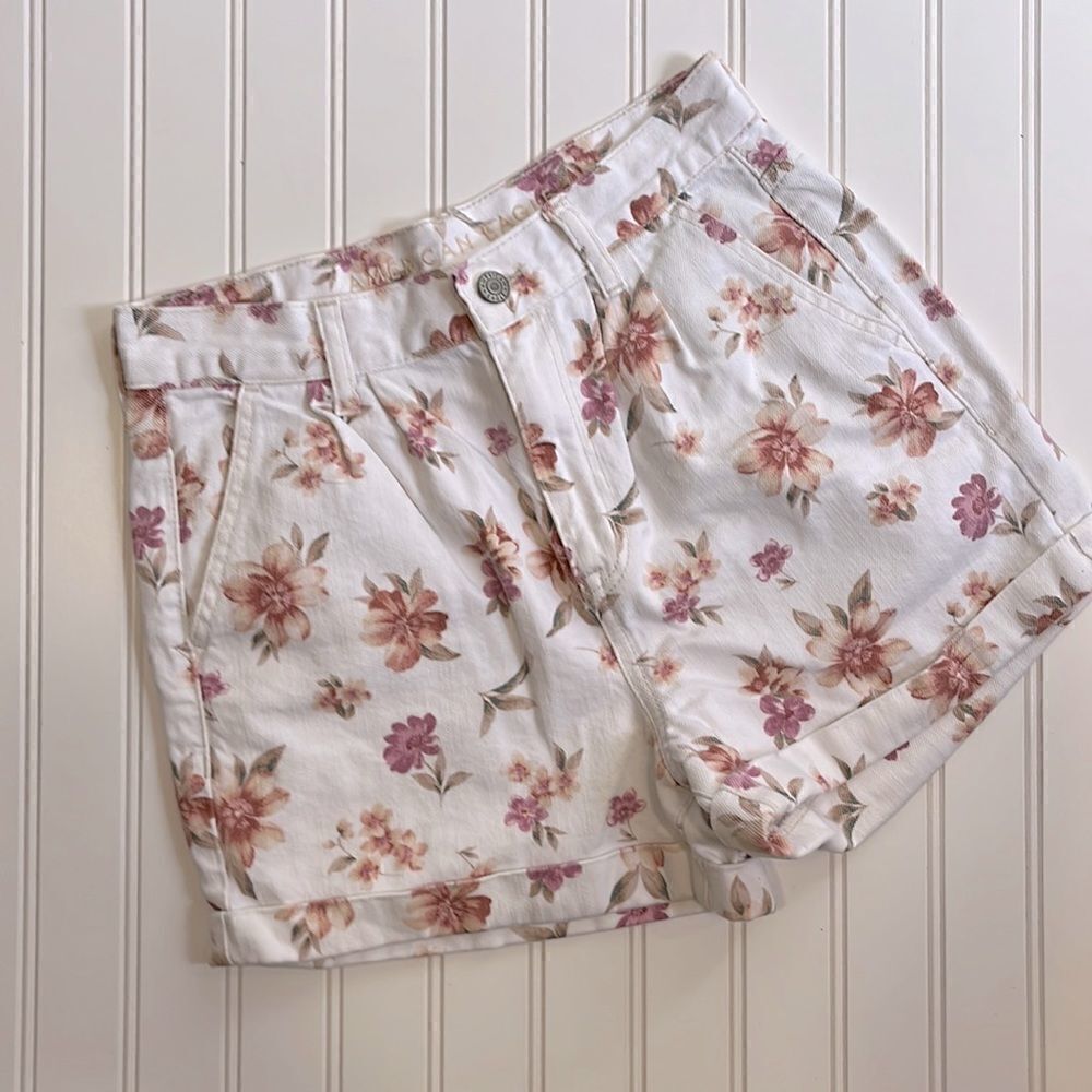 American Eagle Outfitters Floral High Waist Shorts - White and Pink